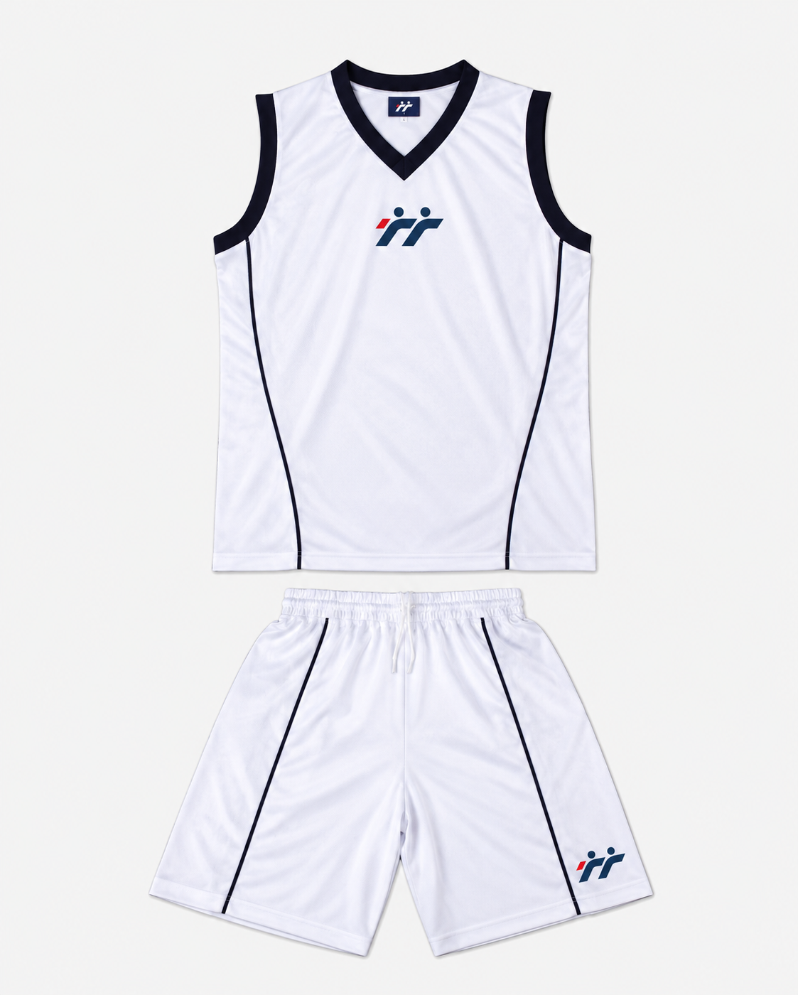 Divisa sportiva bianca con dettagli navy e rossi