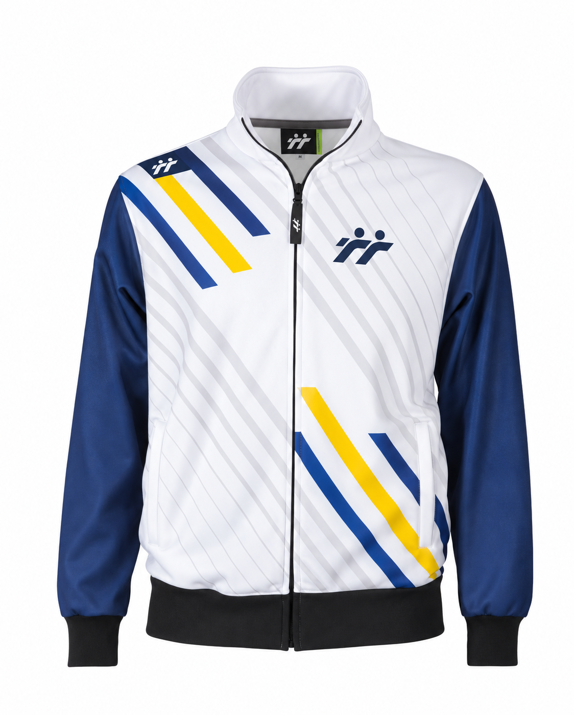 Giacca sportiva bianca e blu con logo stilizzato
