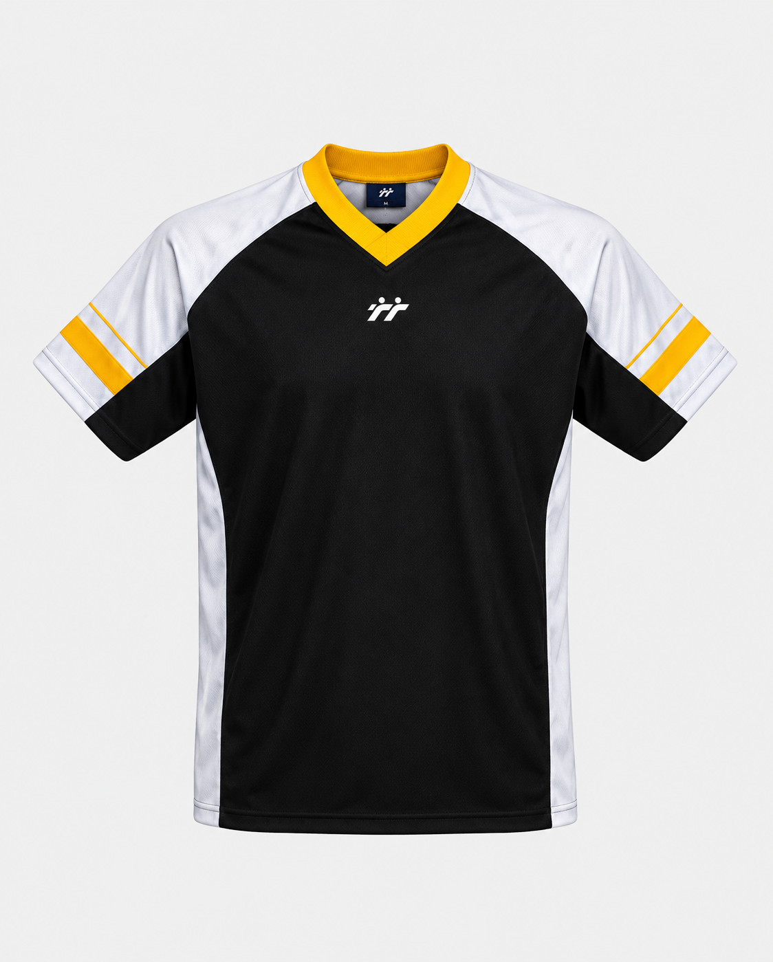 Maglia sportiva nera con dettagli gialli e bianchi