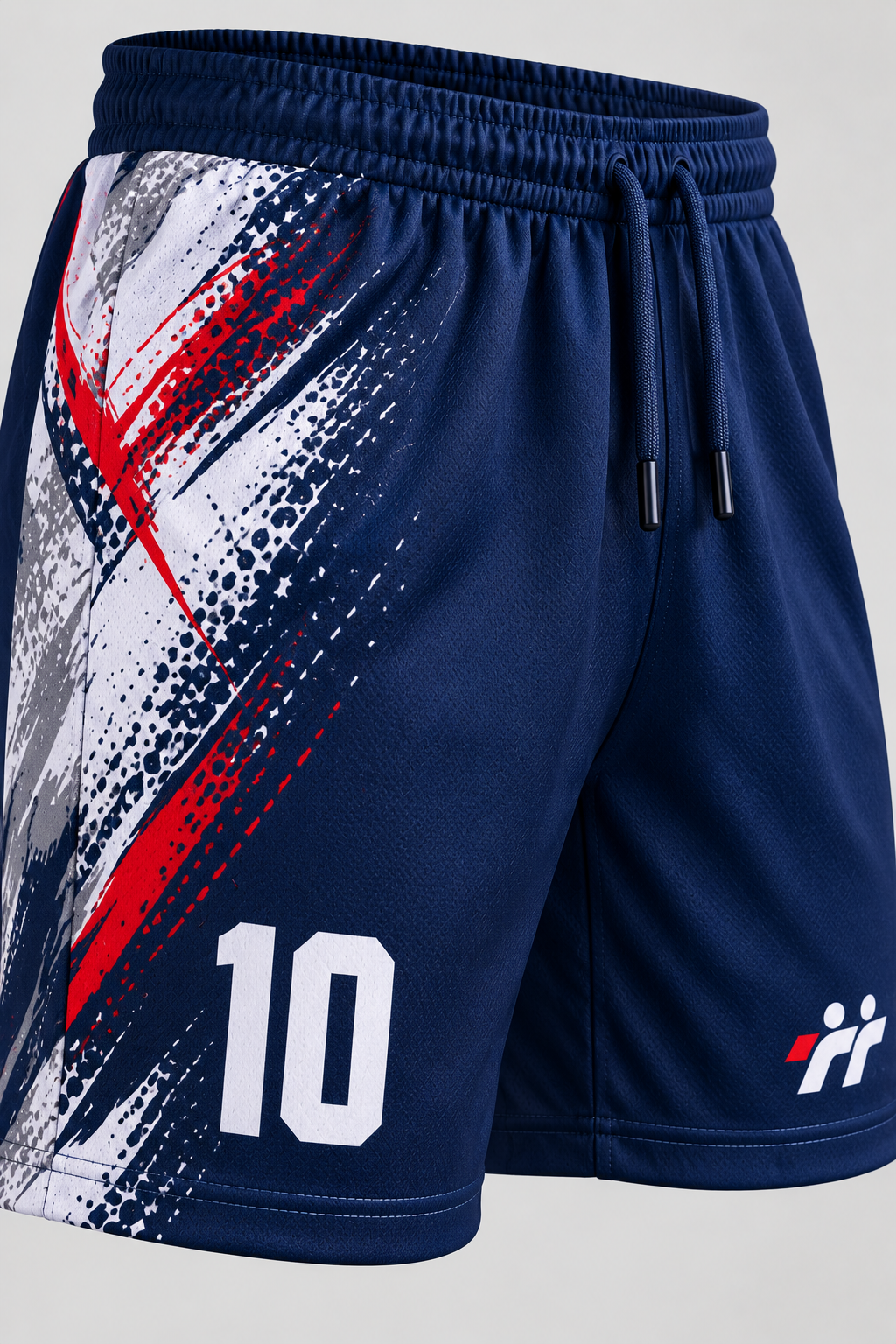 Dettaglio di shorts sportivi blu navy con grafiche dinamiche