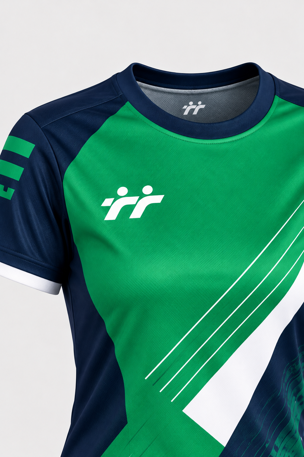 Dettaglio ravvicinato di maglia sportiva verde e navy